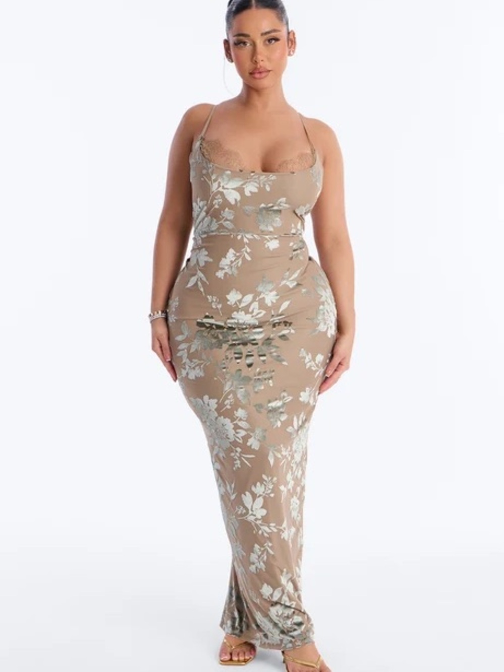 Taupe Floral Lace-Trim Slip Maxi Dress